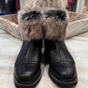 Baldinini Black Leather Ankle Boots with Fur Trim